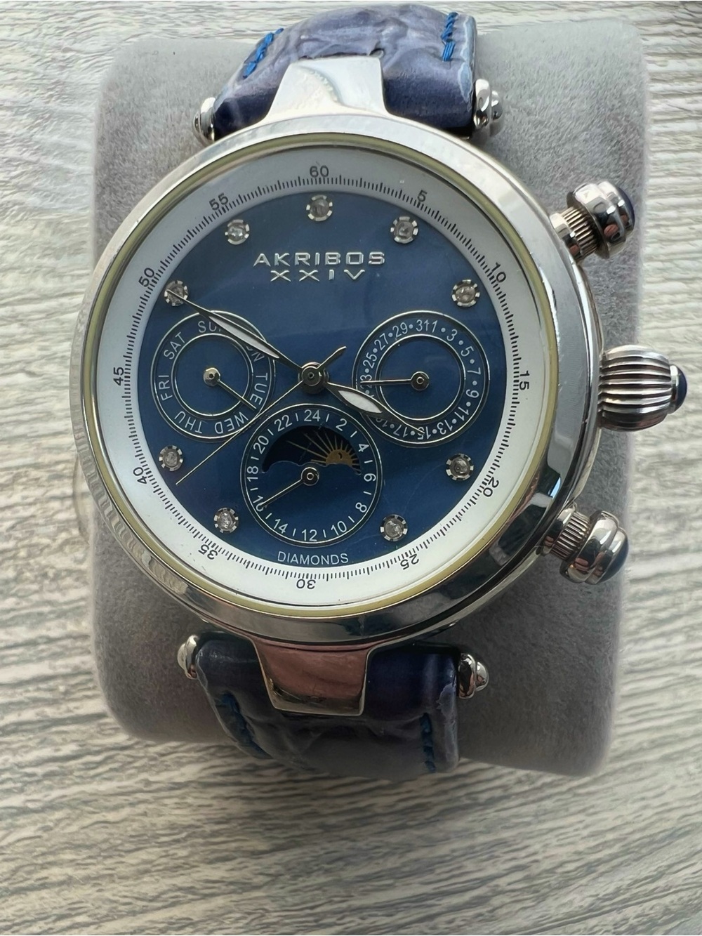 Akribos XXIV Blue Dial Silver-Tone Mechanical Watch with Blue Leather Strap